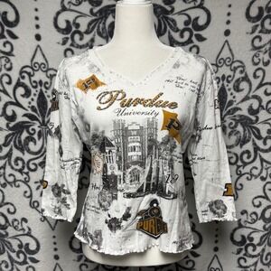 Vtg 90s P. Michael Purdue University Womens White‎ Graphic V-Neck 3/4 Sleeve Top
